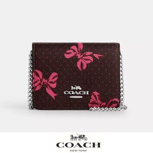 Coach Dark Brown Wallet Crossbody with Pink Bow Print and Silver Chain